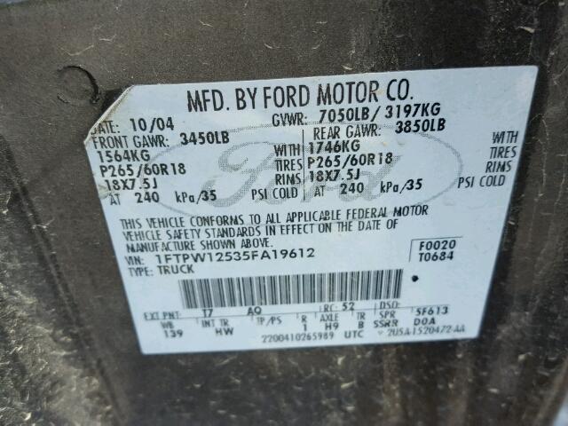 1FTPW12535FA19612 - 2005 FORD F150 SUPER GRAY photo 10