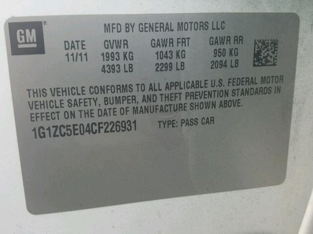 1G1ZC5E04CF226931 - 2012 CHEVROLET MALIBU 1LT WHITE photo 10