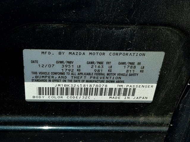 JM1BK324581878078 - 2008 MAZDA 3 S BLUE photo 10