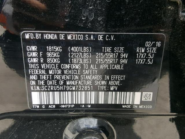 3CZRU5H79GM732851 - 2016 HONDA HR-V EXL BLACK photo 10