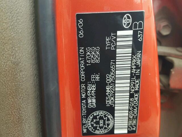 JTDKT923175056571 - 2007 TOYOTA YARIS ORANGE photo 10