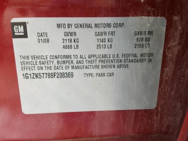 1G1ZK57788F208369 - 2008 CHEVROLET MALIBU LTZ 栗色 照片 10