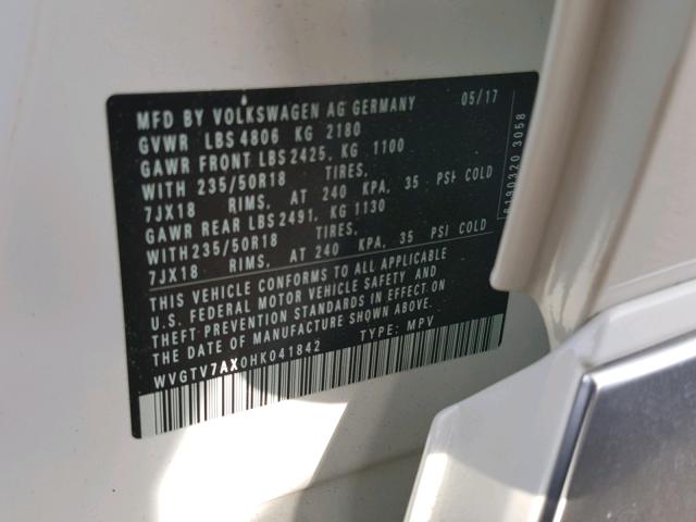 WVGTV7AX0HK041842 - 2017 VOLKSWAGEN TIGUAN SPO თეთრი ფოტო 10