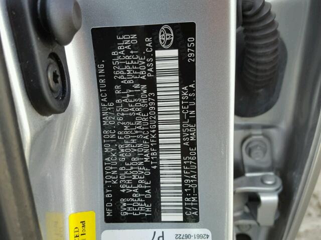 4T1BF1FK4GU209973 - 2016 TOYOTA CAMRY LE ვერცხლისფერი ფოტო 10