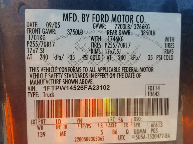 1FTPW14526FA23102 - 2006 FORD F150 SUPER BLUE photo 10