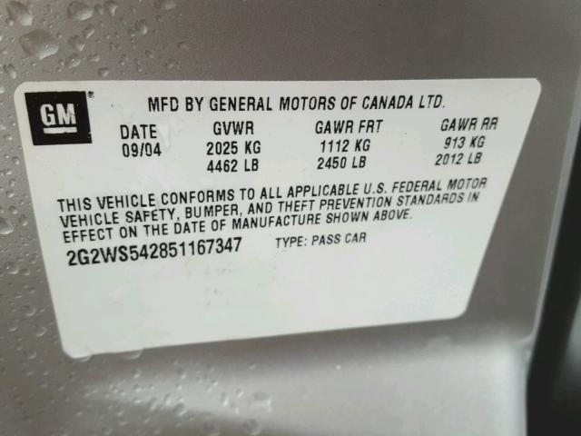 2G2WS542851167347 - 2005 PONTIAC GRAND PRIX Сірий фото 10