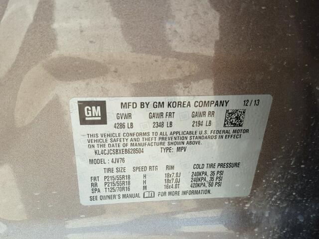 KL4CJCSBXEB628504 - 2014 BUICK ENCORE TAN photo 10