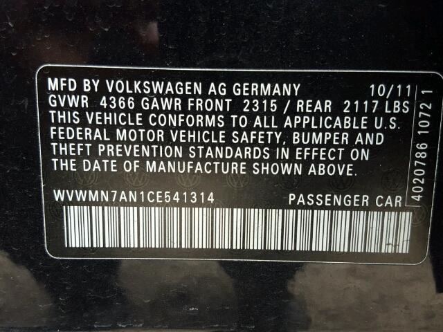 WVWMN7AN1CE541314 - 2012 VOLKSWAGEN CC SPORT BLACK photo 10