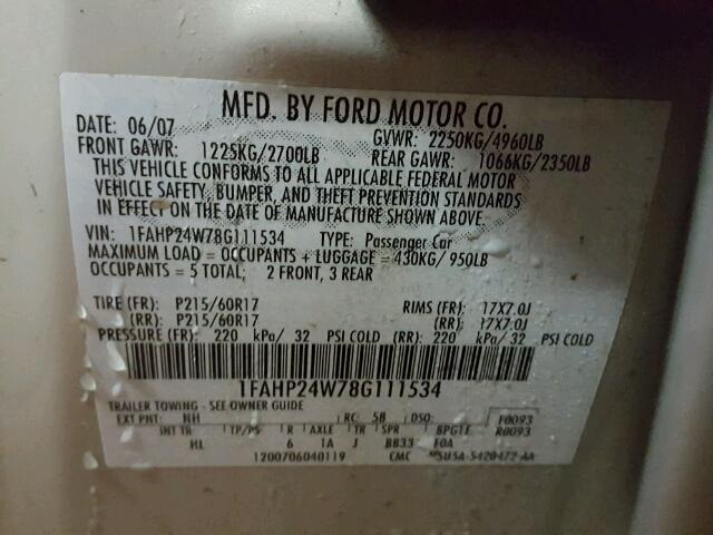 1FAHP24W78G111534 - 2008 FORD TAURUS GRAY photo 10