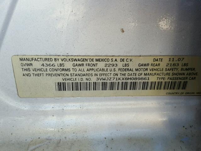 3VWJZ71KX8M089861 - 2008 VOLKSWAGEN JETTA S Gümüş foto 10