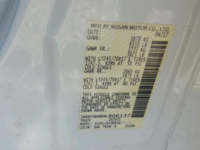 1N6BF0KM8HN806137 - 2017 NISSAN NV 1500 S WHITE photo 10