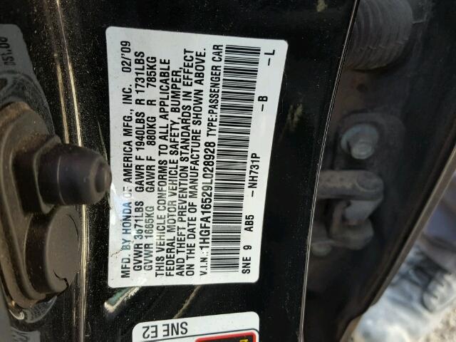 1HGFA16529L028928 - 2009 HONDA CIVIC LX BLACK photo 10