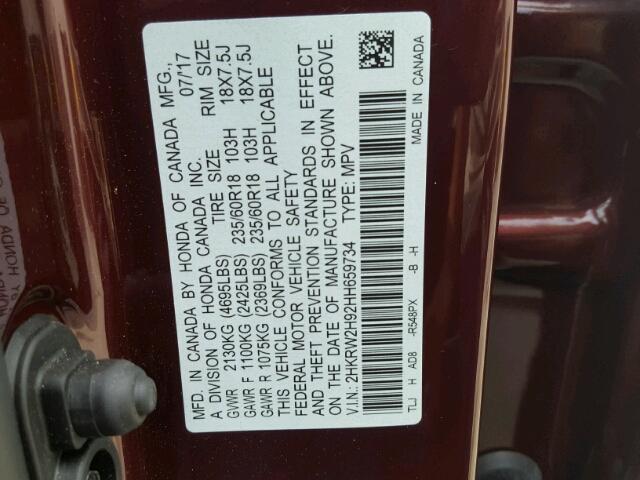 2HKRW2H92HH659734 - 2017 HONDA CR-V TOURI BURGUNDY photo 10