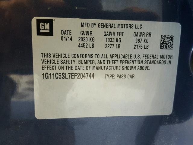 1G11C5SL7EF204744 - 2014 CHEVROLET MALIBU 1LT BLUE photo 10