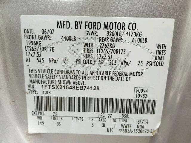 1FTSX21548EB74128 - 2008 FORD F250 SUPER SILVER photo 10