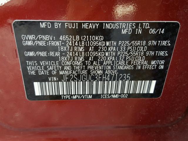 JF2SJGUC3FH471235 - 2015 SUBARU FORESTER 2 RED photo 10