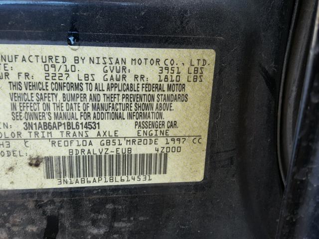 3N1AB6AP1BL614531 - 2011 NISSAN SENTRA 2.0 BLACK photo 10