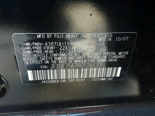 JF1GE75678G515530 - 2008 SUBARU IMPREZA WR BLACK photo 10