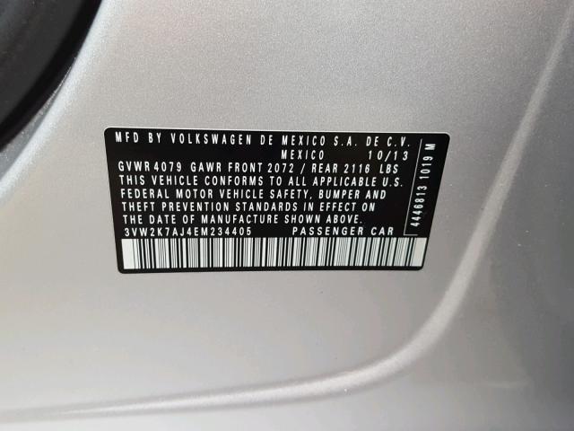 3VW2K7AJ4EM234405 - 2014 VOLKSWAGEN JETTA BASE Արծաթագույն լուսանկար 10