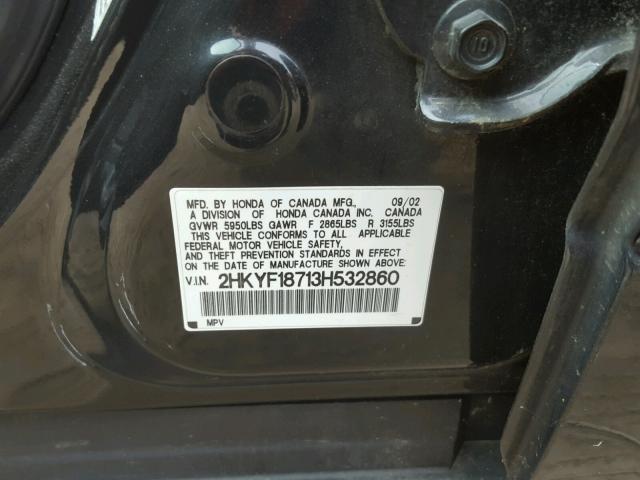 2HKYF18713H532860 - 2003 HONDA PILOT EXL BLACK photo 10