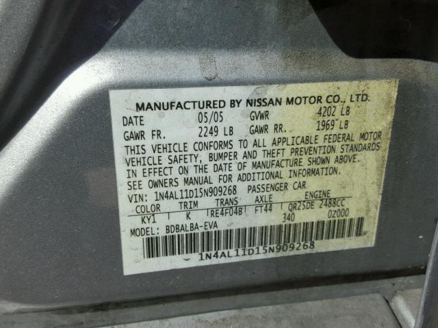 1N4AL11D15N909268 - 2005 NISSAN ALTIMA S SILVER photo 10