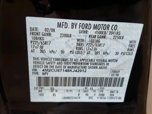 4M2CU87148KJ42912 - 2008 MERCURY MARINER BLACK photo 10