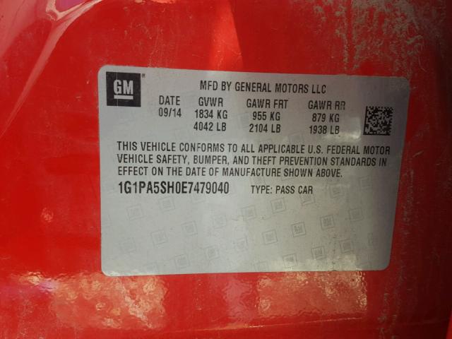 1G1PA5SH0E7479040 - 2014 CHEVROLET CRUZE LS RED photo 10