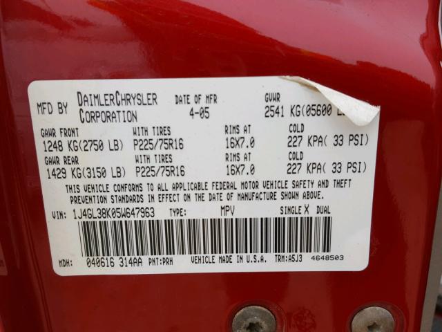 1J4GL38K05W647963 - 2005 JEEP LIBERTY RE BURGUNDY photo 10