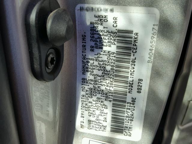 4T1BF30K22U002219 - 2002 TOYOTA CAMRY LE SILVER photo 10