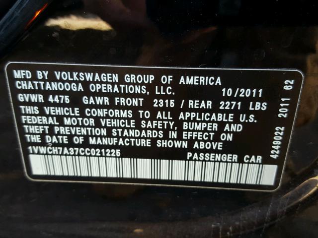 1VWCH7A37CC021225 - 2012 VOLKSWAGEN PASSAT BLACK photo 10