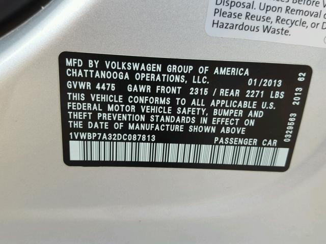 1VWBP7A32DC087813 - 2013 VOLKSWAGEN PASSAT SE SILVER photo 10