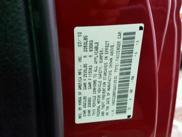 1HGCS2B87AA010530 - 2010 HONDA ACCORD EXL RED photo 10