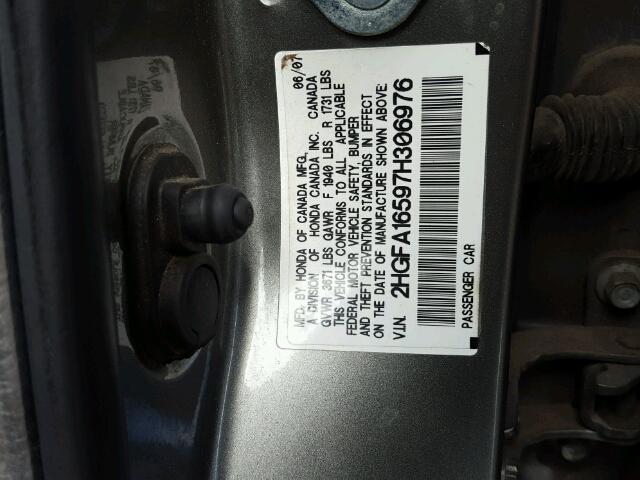 2HGFA16597H306976 - 2007 HONDA CIVIC LX GRAY photo 10