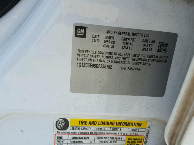 1G1ZC5E05CF338752 - 2012 CHEVROLET MALIBU 1LT WHITE photo 10