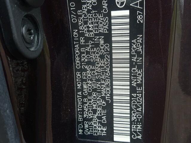 JTKDE3B76A0322120 - 2010 TOYOTA SCION TC 勃艮第红 照片 10