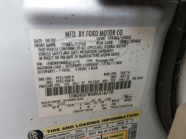 1FMDK07W08GA16770 - 2008 FORD TAURUS X E WHITE photo 10