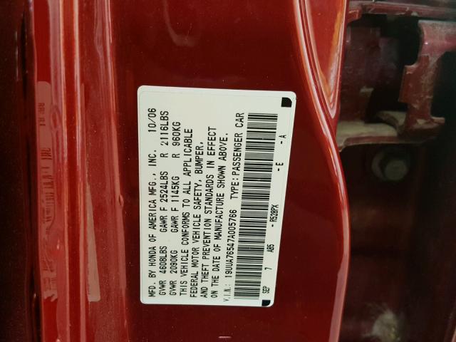 19UUA76547A005766 - 2007 ACURA TL TYPE S RED photo 10