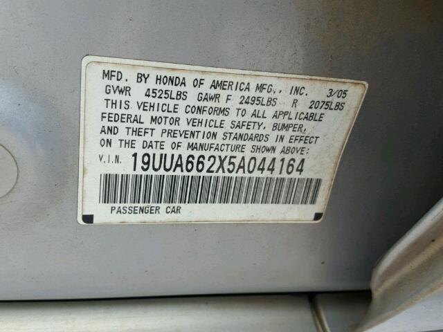 19UUA662X5A044164 - 2005 ACURA TL GRAY photo 10