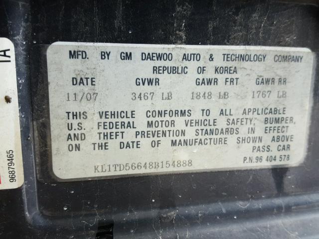 KL1TD56648B154888 - 2008 CHEVROLET AVEO BASE Қара фото 10