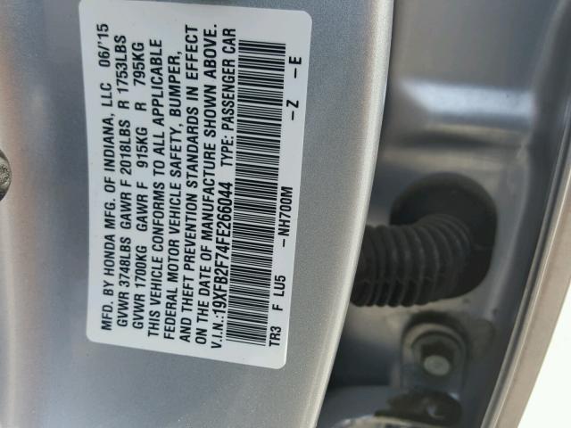 19XFB2F74FE266044 - 2015 HONDA CIVIC SE SILVER photo 10