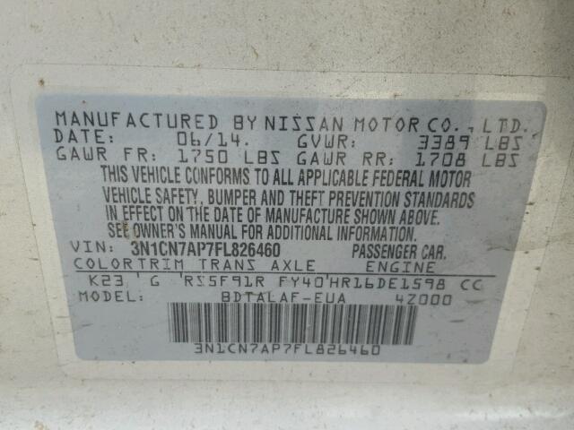 3N1CN7AP7FL826460 - 2015 NISSAN VERSA S SILVER photo 10