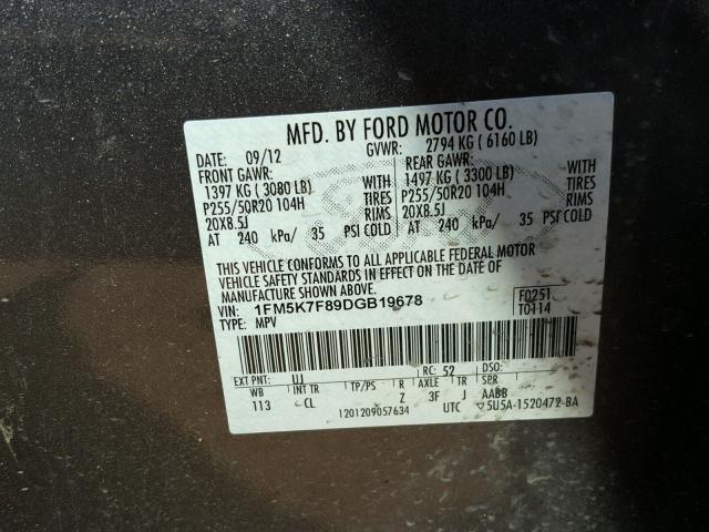 1FM5K7F89DGB19678 - 2013 FORD EXPLORER L GRAY photo 10