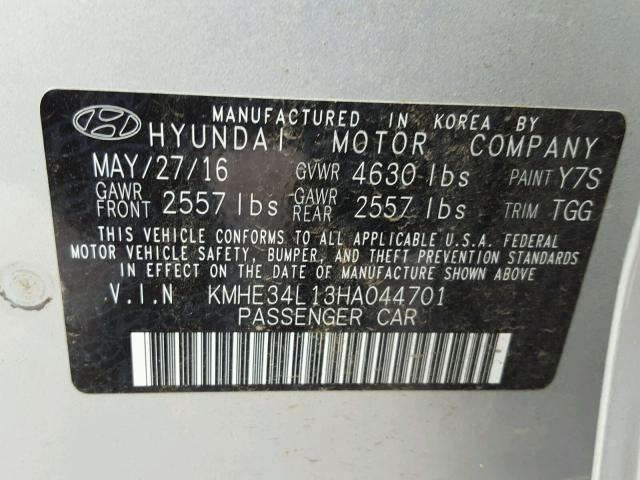 KMHE34L13HA044701 - 2017 HYUNDAI SONATA HYB SILVER photo 10