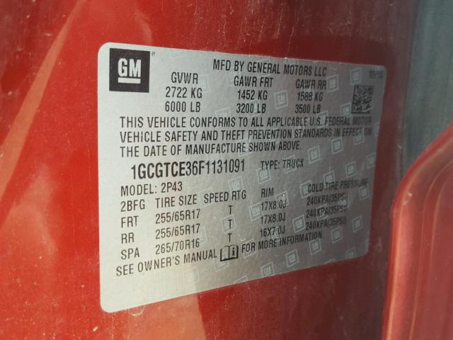 1GCGTCE36F1131091 - 2015 CHEVROLET COLORADO Z ORANGE photo 10