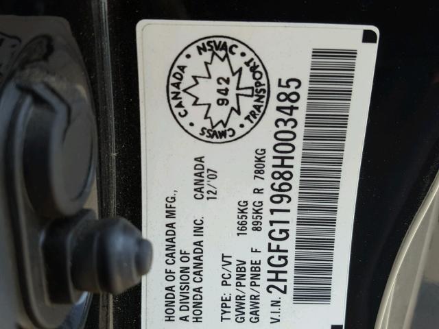 2HGFG11968H003485 - 2008 HONDA CIVIC EXL 黑色 照片 10