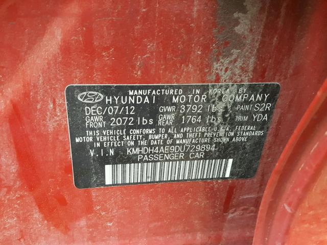 KMHDH4AE9DU729894 - 2013 HYUNDAI ELANTRA RED photo 10