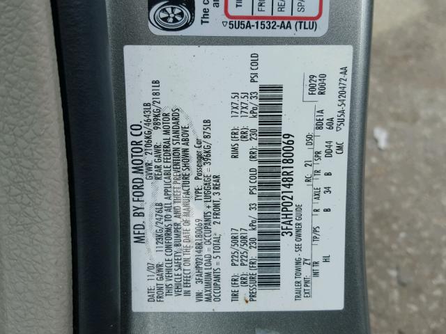 3FAHP02148R180069 - 2008 FORD FUSION SEL GRAY photo 10