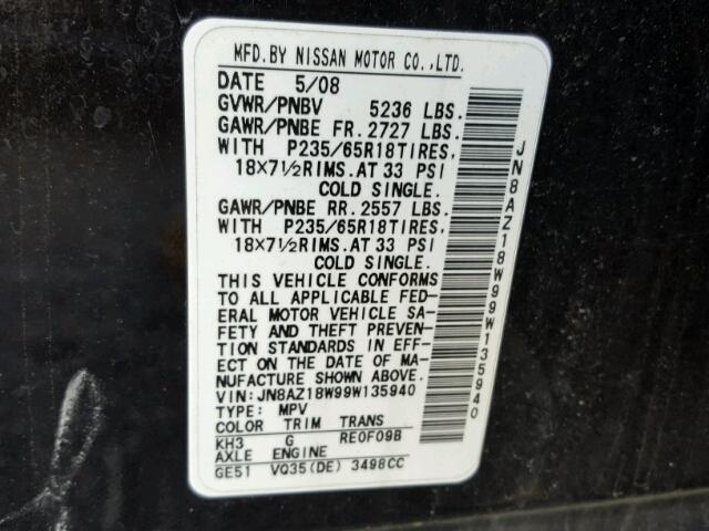 JN8AZ18W99W135940 - 2009 NISSAN MURANO BLACK photo 10