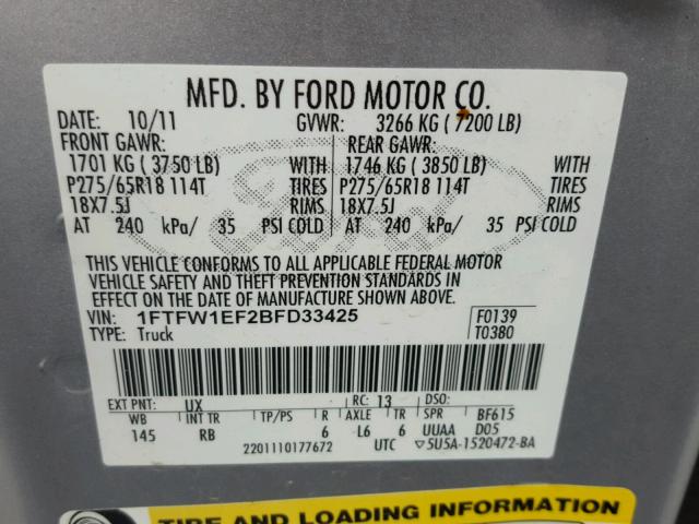 1FTFW1EF2BFD33425 - 2011 FORD F150 SUPER SILVER photo 10