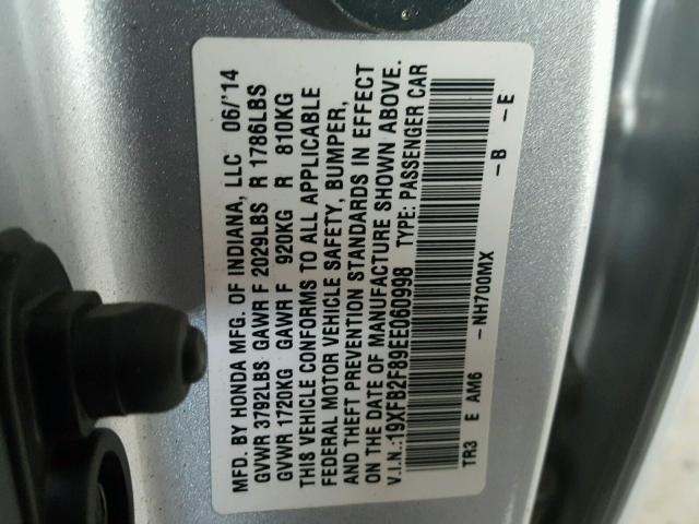 19XFB2F89EE060998 - 2014 HONDA CIVIC EX ვერცხლისფერი ფოტო 10